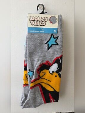 Looney Tunes Daffy Duck Crew Socks NWT Grey Graphic Mens Shoe Size 6-12